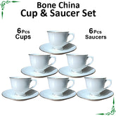 New White Golden Line Bone China Cup & Saucer Set - 12pcs Set