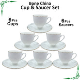 White Golden Line Bone China Cup & Saucer Set - 12pcs Set
