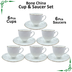 White Golden Line Bone China Cup & Saucer Set - 12pcs Set