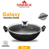 Sonex Non Stick Galaxy Karahi/Wok Induction Series with Glass Lid (32cm)- Karahi for Electric Stove (Marble Coated)