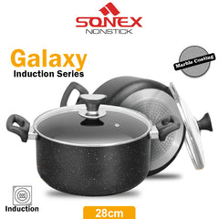 Sonex Non Stick Galaxy Casserole Induction Series with Glass Lid (28cm)- Handi for Electric Stove (Marble Coated)