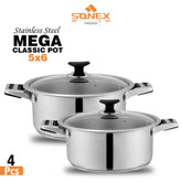 Sonex Stainless Steel Mega Classic Pot Set with (Glass Lid) - 8pcs Set