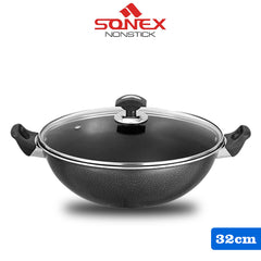 Sonex GL Cooking Wok/کڑاہی with (Glass Lid)- Size (27,30,32,36,40cm)