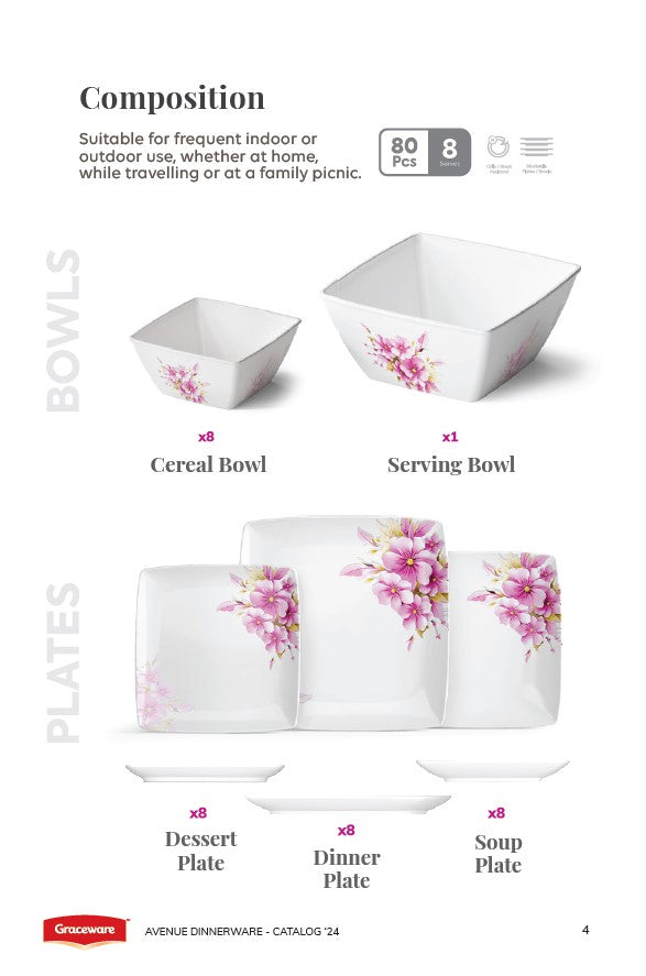 Graceware Double Glazed Avenue Melamine Dinner Set Design #2 - 80pcs Set