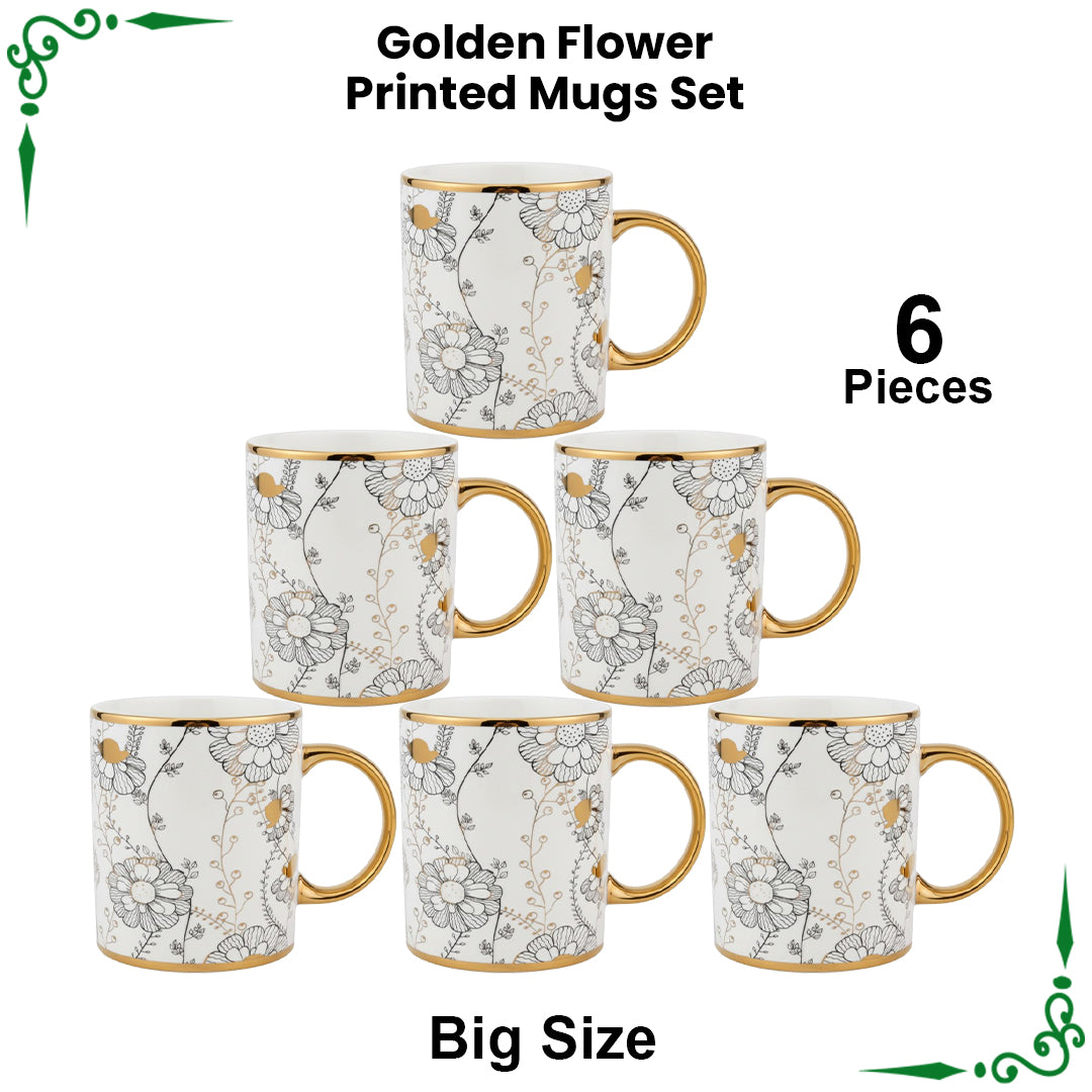 Golden Flower Printed Bone China Mugs Set - 6pcs Big Size(450ml)