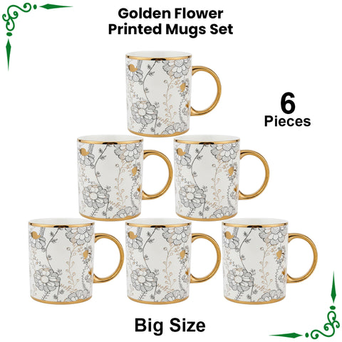 Golden Flower Printed Bone China Mugs Set - 6pcs Big Size(450ml)