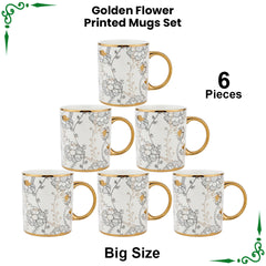 Golden Flower Printed Bone China Mugs Set - 6pcs Big Size(450ml)