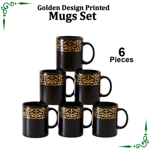 Golden Floral Design Printed Mugs Set for Juice,Tea & Coffee- 6pcs Set