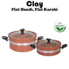 Clay Flat Glazed Handi & Karahi Set with (Glass Lid)