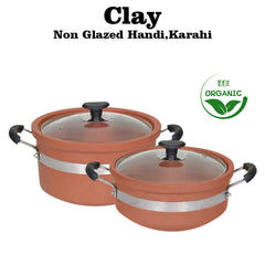 Clay Non-Glazed Handi & Karahi Set with (Glass Lid)