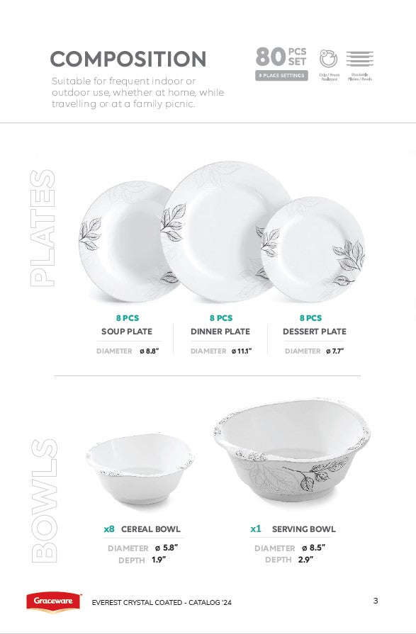 Graceware Double Glazed Crystal Coated Everest Melamine Dinner Set Design #3 - 80pcs Set