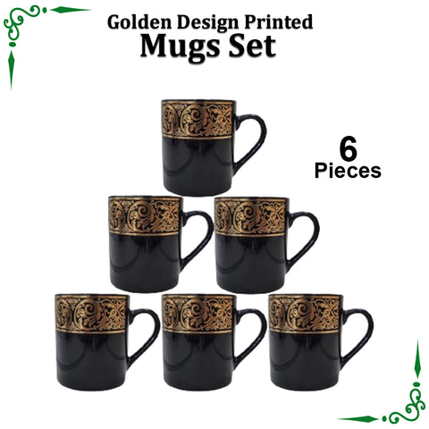 Golden Big Boarder Printed Mugs Set for Juice,Tea & Coffee - 6pcs Set