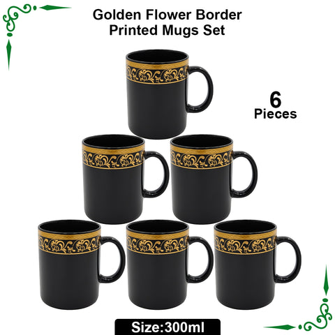 Golden Flower Border Printed Mugs Set for Juice, Tea and Coffee-300ml(Medium Size)