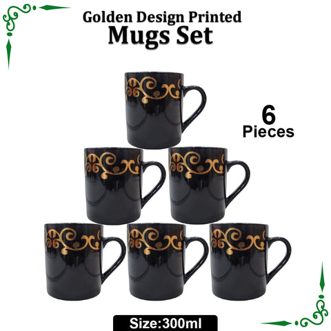 New Golden Line Boarder Printed Mugs Set for Juice Tea and Coffee- 6pcs Set 300ml(Medium Size)