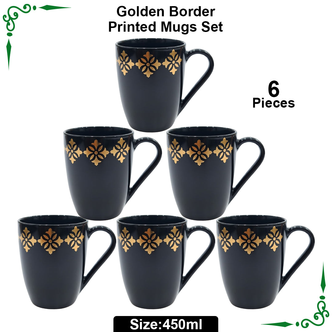 Golden Border Printed Mugs Set for Juice, Tea and Coffee-450ml(Big Size)