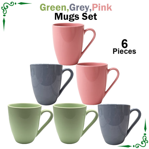 Green & Grey & Pink Mug for Tea and Coffee- 6pcs Set
