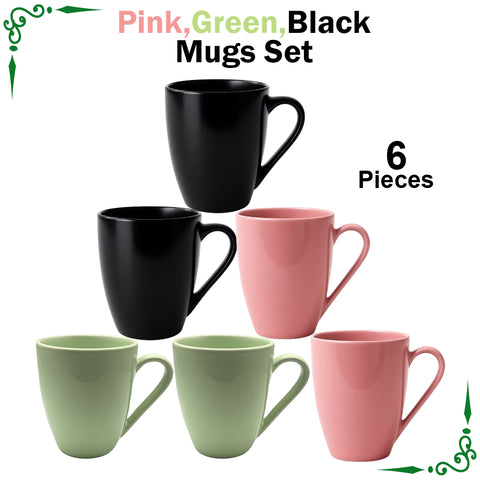 Pink & Green & Black Mugs for Tea and Coffee- 6pcs Set