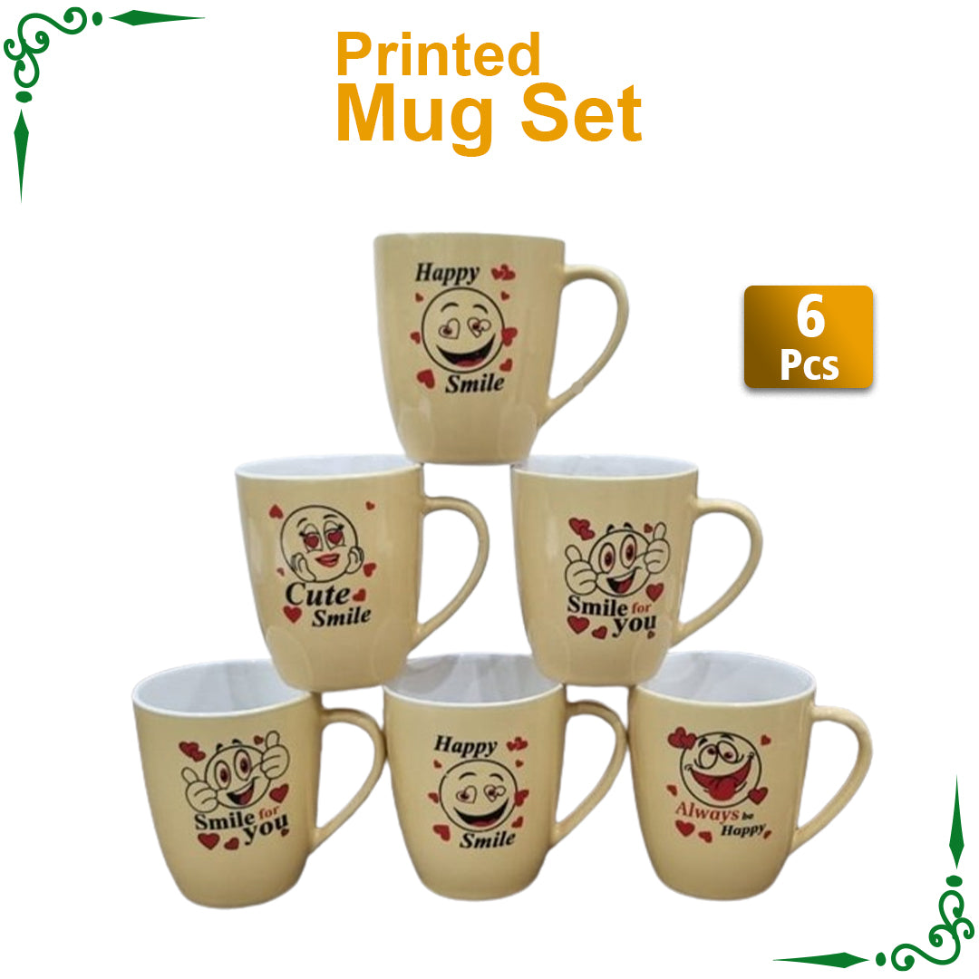 New Smile Printed Yellow Mugs for Juice Tea and Coffee- 6pcs Set