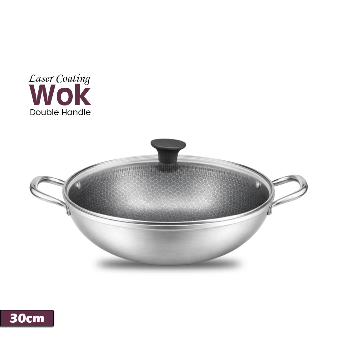 Laser Coating Dobule Handle Wok (with Glass Lid)