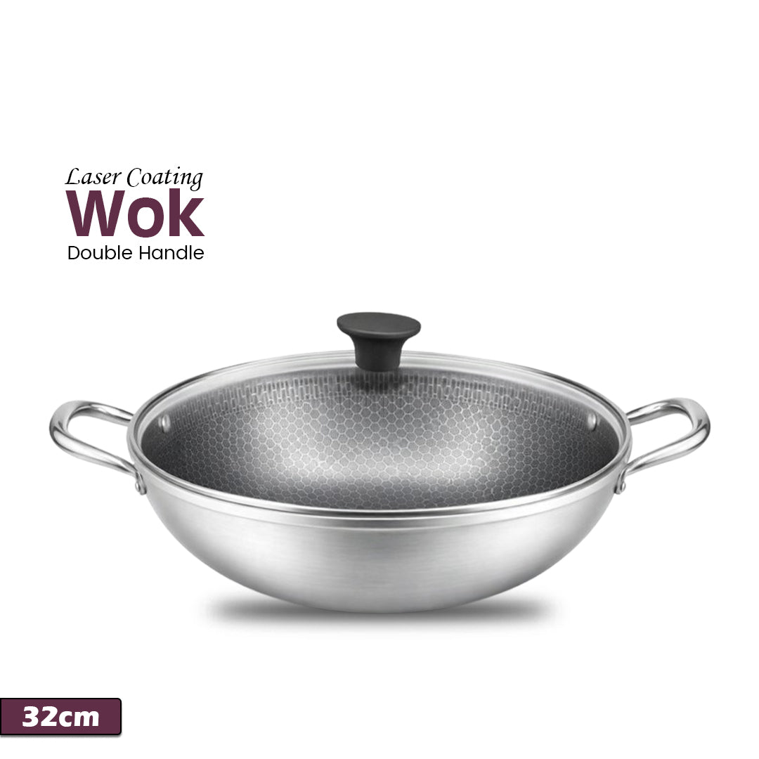Laser Coating Dobule Handle Wok (with Glass Lid)