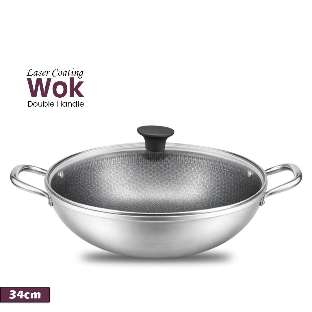 Laser Coating Dobule Handle Wok (with Glass Lid)