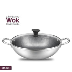 Laser Coating Dobule Handle Wok (with Glass Lid)