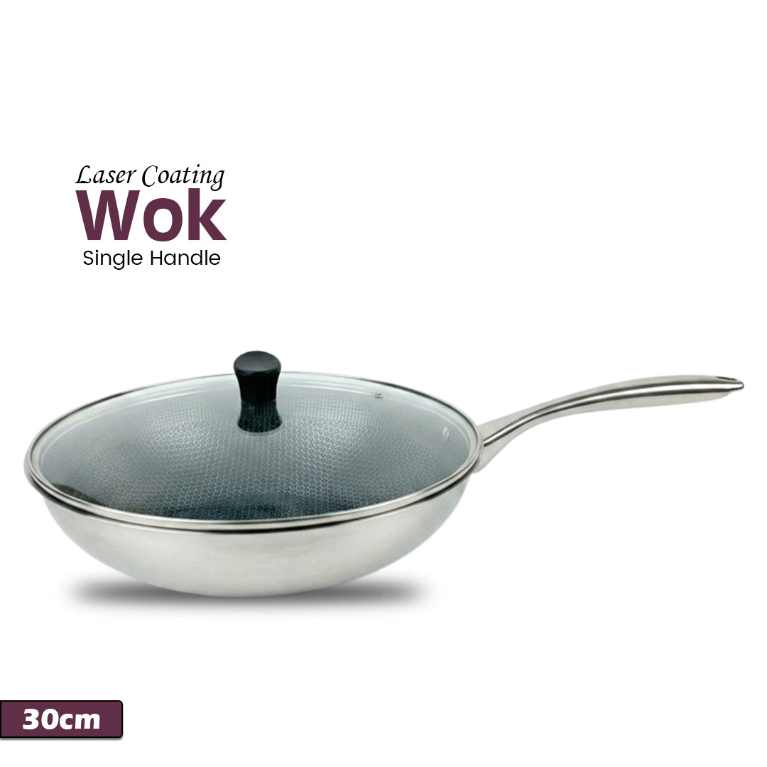 Laser Coating Single Handle Wok (with Glass Lid)