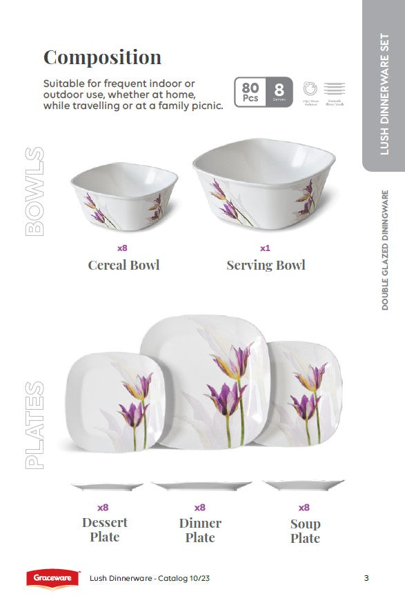 Graceware Double Glazed Lush Melamine Dinner Set Design #1 - 80pcs Set
