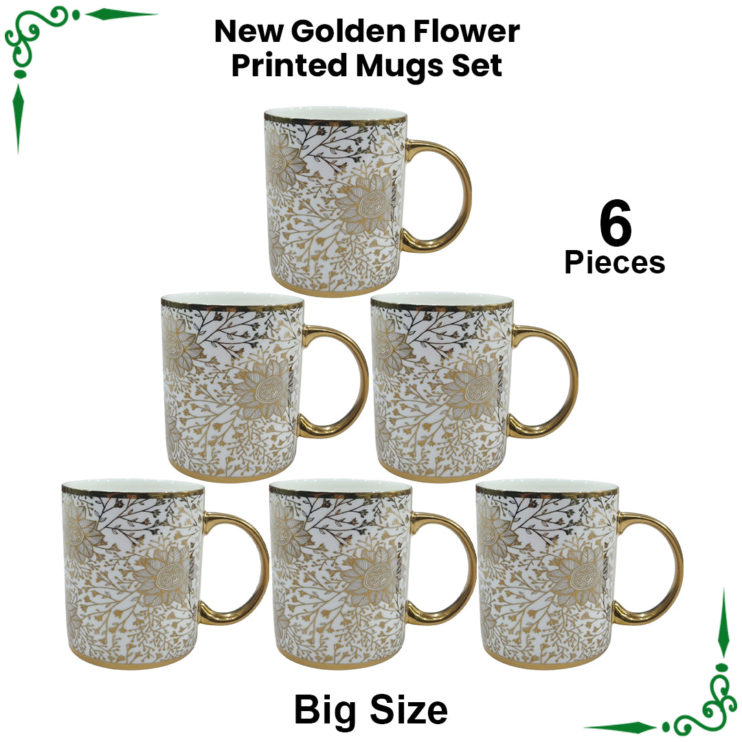 New Golden Flower Printed Bone China Mugs Set - 6pcs Big Size(450ml)