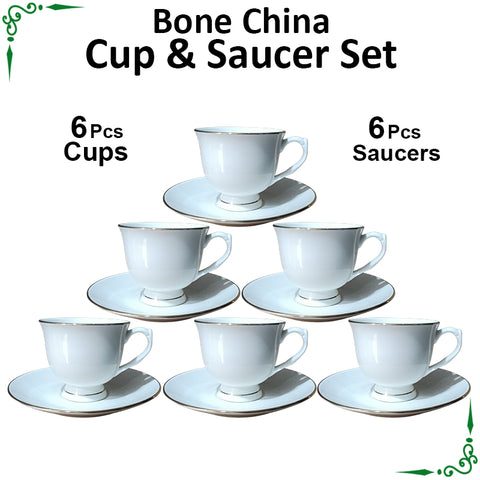 New White Golden Line Bone China Cup & Saucer Set - 12pcs Set