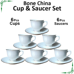 New White Golden Line Bone China Cup & Saucer Set - 12pcs Set
