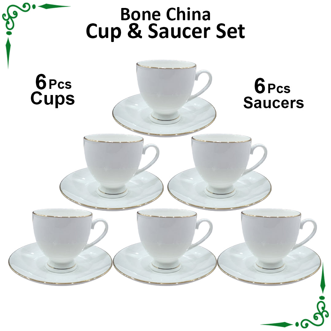 White Golden Line Bone China Cup & Saucer Set - 12pcs Set