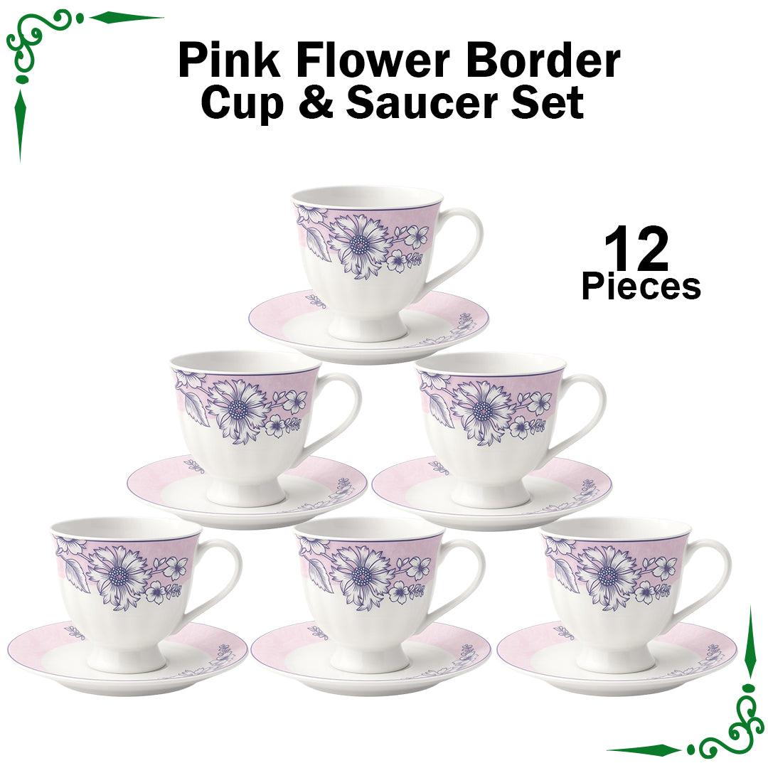 New Pink Flower Border Printed Cup and Saucer Set for Tea and Coffee-12pcs Set (Bone China)