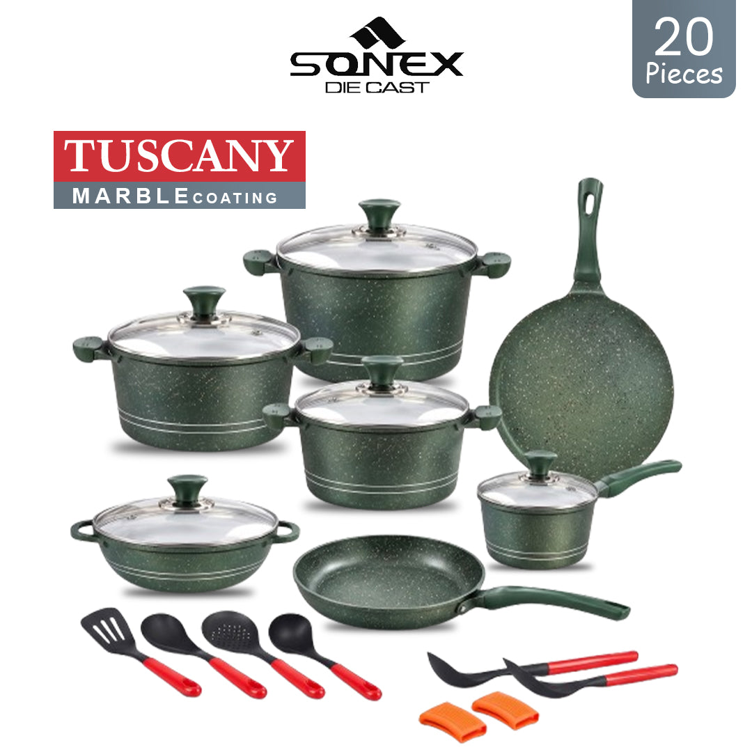 Sonex Die Cast TUSCANY Gift Pack 20pcs Big Size Pots (with Glass Lid) - Marble Coating