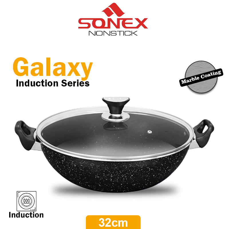 Sonex Non Stick Galaxy Karahi/Wok Induction Series with Glass Lid (32cm)- Karahi for Electric Stove (Marble Coated)