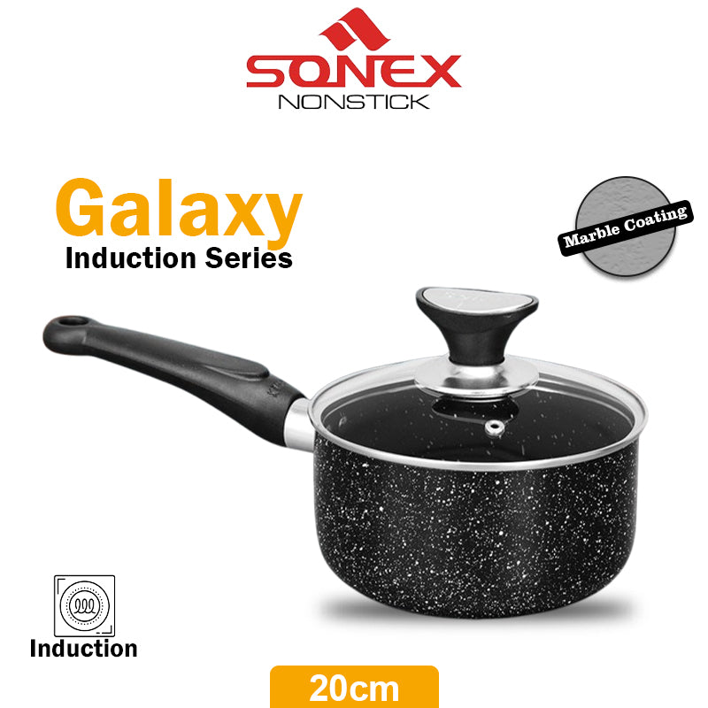 Sonex Non Stick Galaxy Saucepan Induction Series with Glass Lid (20cm)- Saucepan for Electric Stove (Marble Coated)