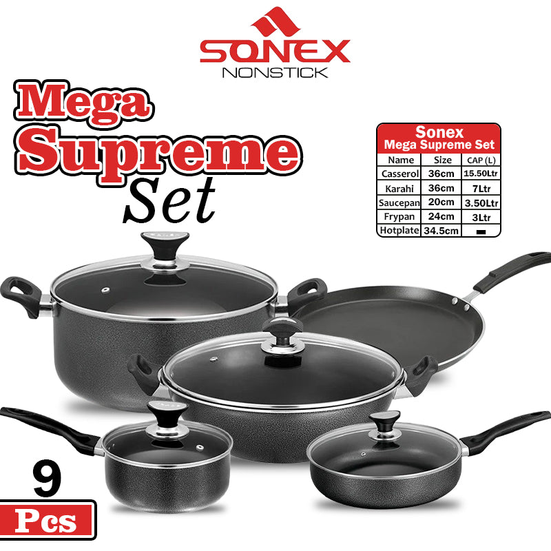 Sonex Non Stick Mega Supreme Set for Cooking (Big Size Set)- 9pcs Set with Glass Lids