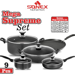 Sonex Non Stick Mega Supreme Set for Cooking (Big Size Set)- 9pcs Set with Glass Lids