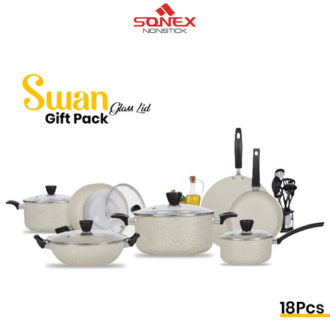 Sonex Nonstick Swan Gift Pack with (Glass Lid)- 18Pcs Set