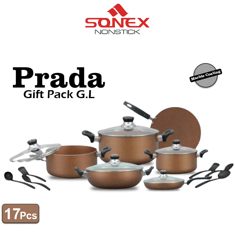 Sonex Prada Non Stick Gift Pack with Glass Lid (Marble Coating)- 17PCs