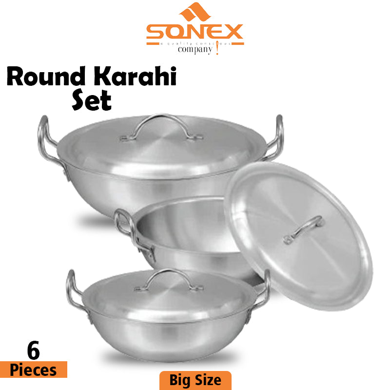 Sonex Metal Finish Round Karahi Set (Big Size),for Cooking- 6PCs