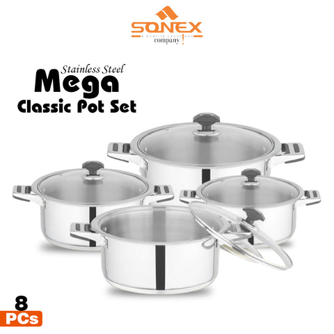 Sonex Stainless Steel Mega Classic Pot Set with (Glass Lid) - 8pcs Set