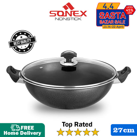 Sonex GL Cooking Wok/کڑاہی with (Glass Lid)- Size (27,30,32cm)