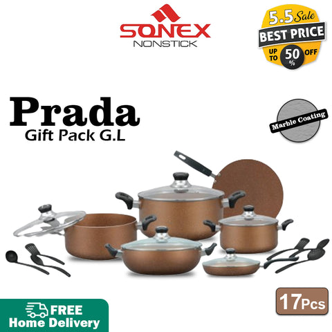 Sonex Prada Non Stick Gift Pack with Glass Lid (Marble Coating)- 17PCs