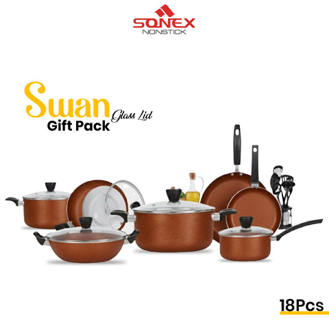 Sonex Nonstick Swan Gift Pack with (Glass Lid)- 18Pcs Set