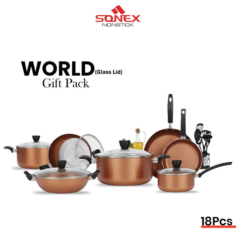 Sonex Nonstick World Gift Pack with (Glass Lid) - 18pcs