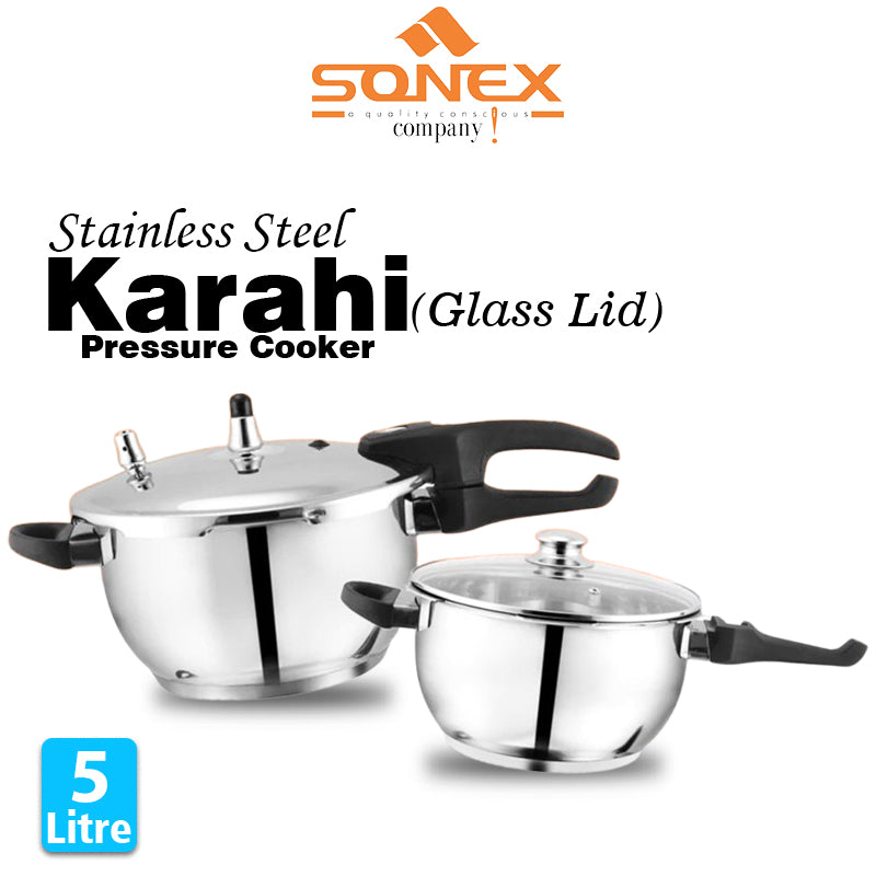 Sonex Stainless Steel Karahi Pressure Cooker with (Glass Lid)- Size 5,7Litre