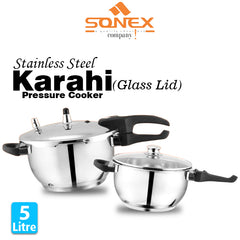 Sonex Stainless Steel Karahi Pressure Cooker with (Glass Lid)- Size 5,7Litre