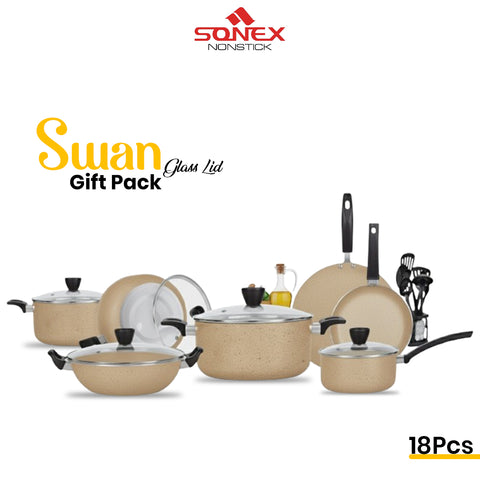 Sonex Nonstick Swan Gift Pack with (Glass Lid)- 18Pcs Set