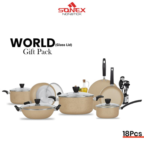 Sonex Nonstick World Gift Pack with (Glass Lid) - 18pcs